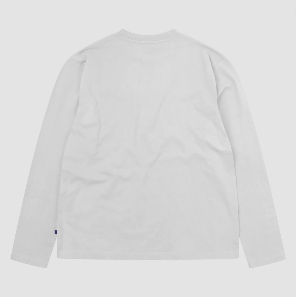 White long-sleeve t-shirt on a light gray background.