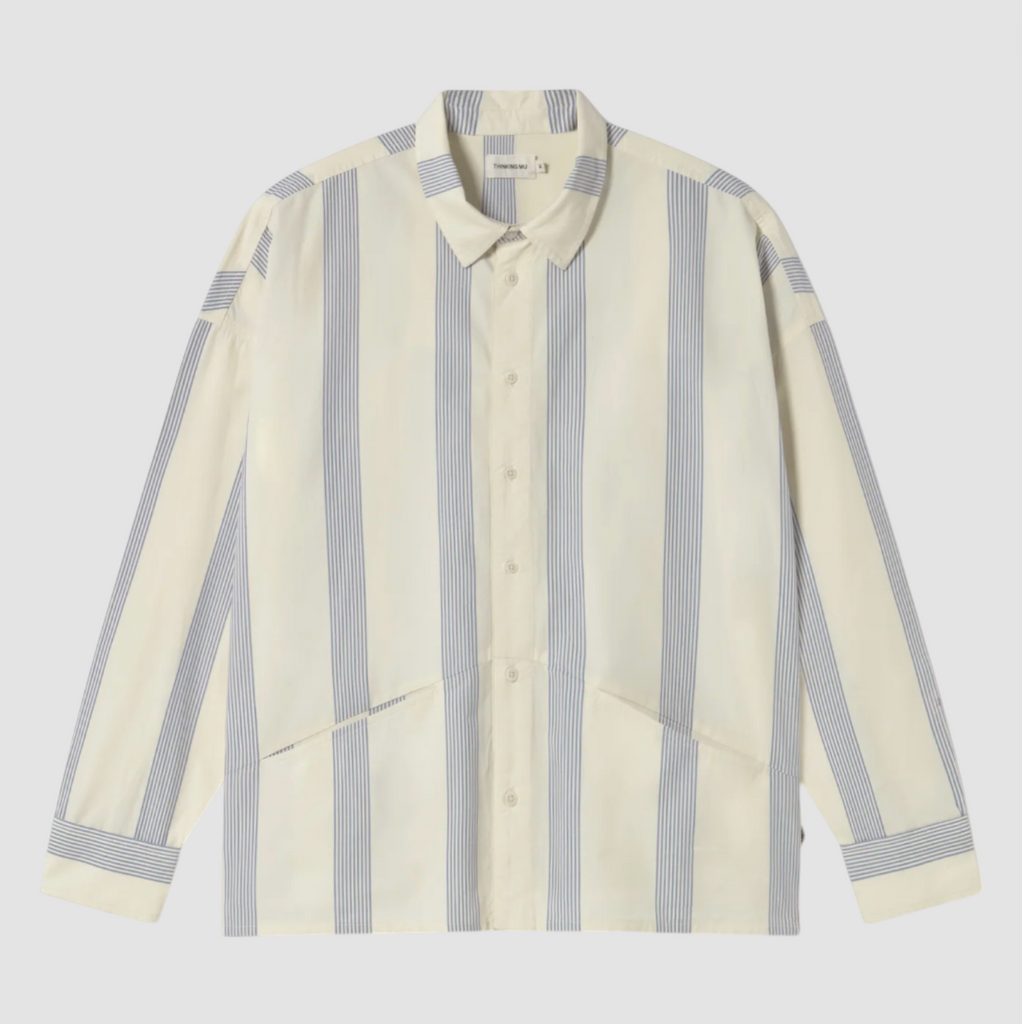 Blue striped Jim shirt with long sleeves, shirt collar, and front seam pockets.