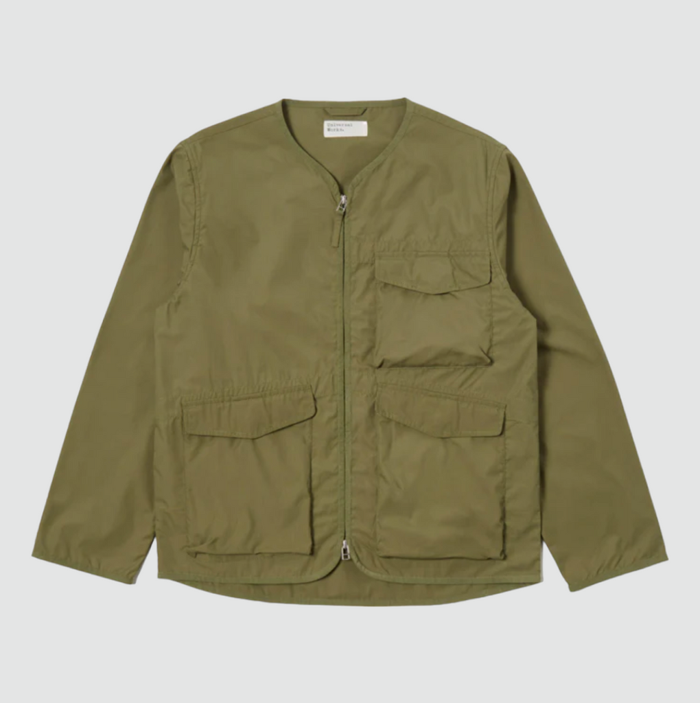 Universal Works Parachute Liner Jacket Recycled Poly Tech - Olive: Military-inspired design with four spacious pockets and two-way zip. Crafted from recycled polyester-cotton blend for comfort and moisture resistance. Fabric: 65% Recycled Polyester, 35% Cotton