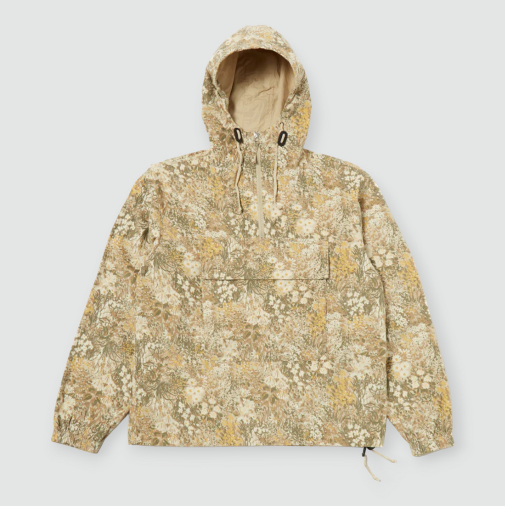 Universal Works Pullover Anorak Garden Cord - Sand: Classic generously fitting hooded parka with large cargo pocket, hand warmer pockets, and large hood. Crafted from English garden-inspired printed cord, perfect for countryside or commute. Features zip neck, tech drawstring, 100% cotton fabric.