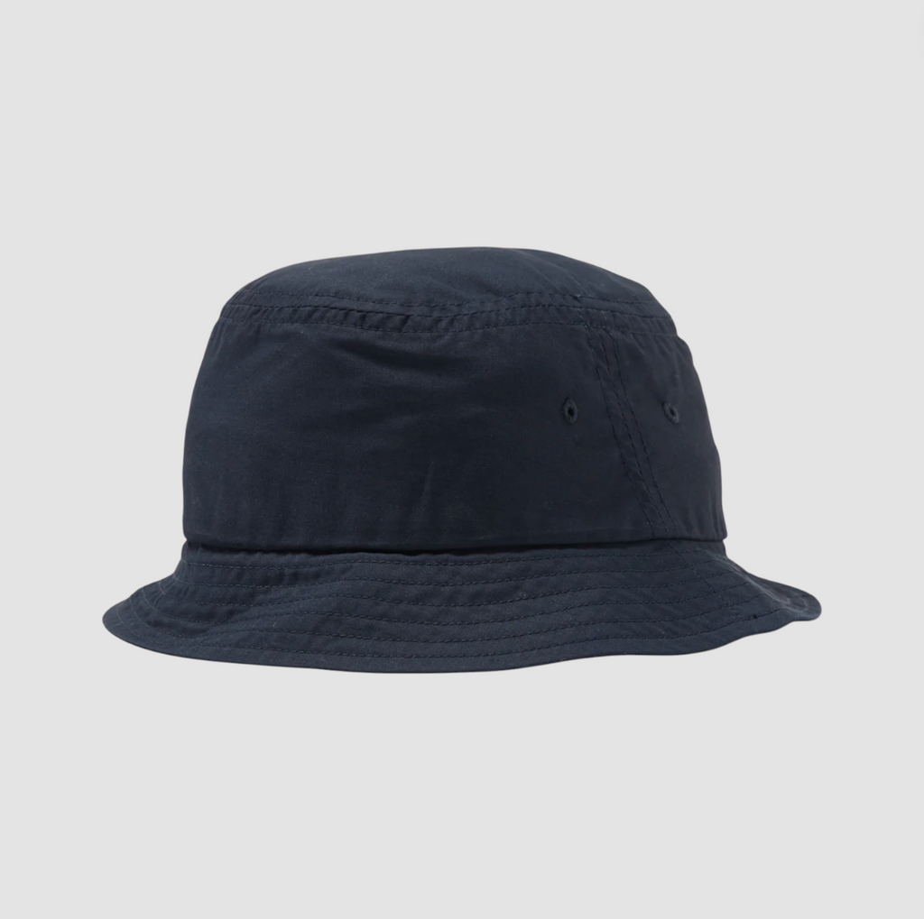 Navy short-brim bucket hat with a five-panel construction, mesh lining, stitched brim, and dual eyelets for ventilation.