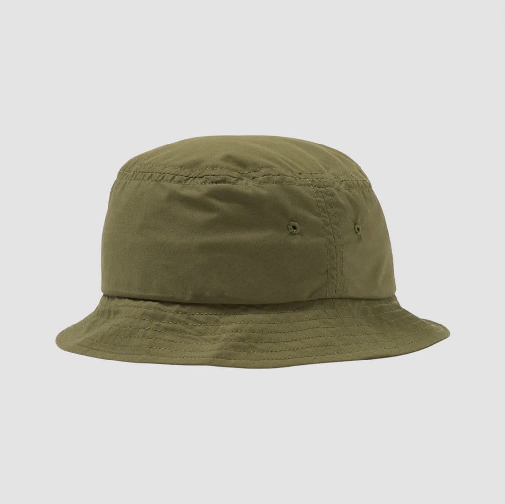 Olive-green short-brim bucket hat with a five-panel construction, mesh lining, stitched brim, and dual eyelets for ventilation.