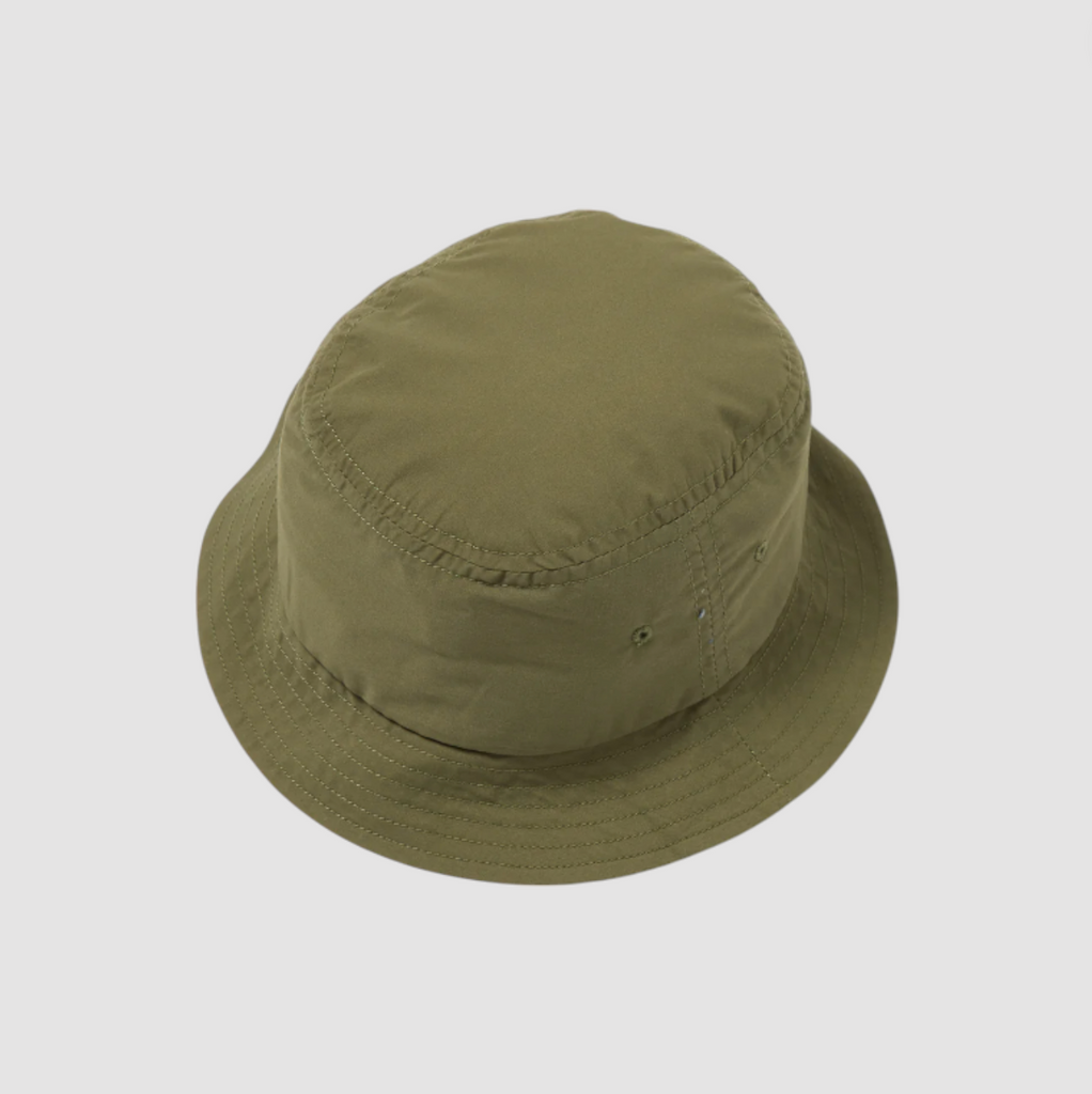 Olive-green short-brim bucket hat with a five-panel construction, mesh lining, stitched brim, and dual eyelets for ventilation.
