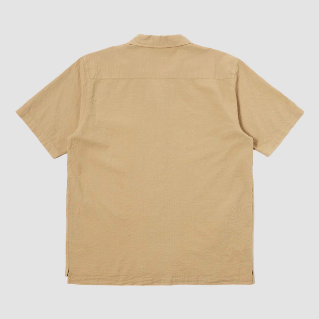 Lightweight pale blue shirt featuring a camp collar, single chest pocket, wide fit, and garment-dyed summer-special Onda cotton fabric.