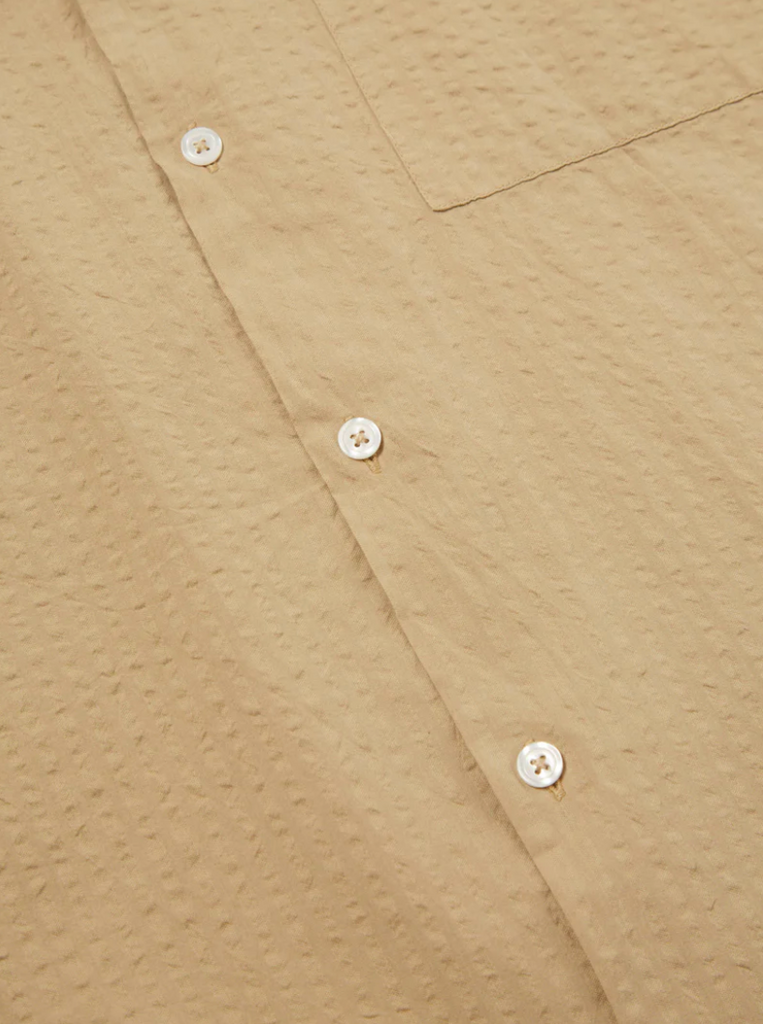 Lightweight pale blue shirt featuring a camp collar, single chest pocket, wide fit, and garment-dyed summer-special Onda cotton fabric.