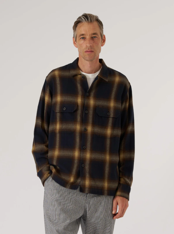 Man wearing a plaid shirt and gray pants against a plain background.