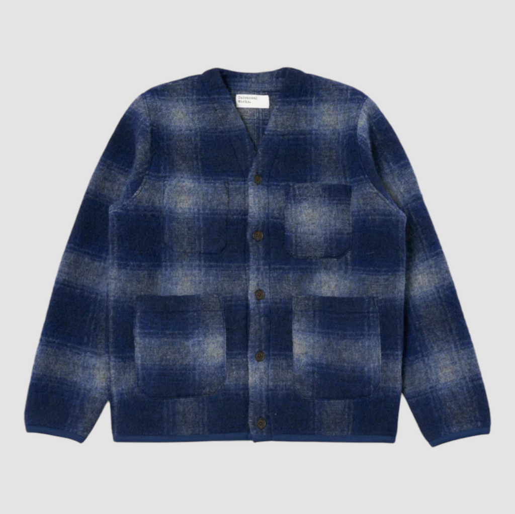 Cardigan in navy/grey shadow check with patch pockets, five-button front, and cotton rib binding, crafted from a wool and polyester blend.