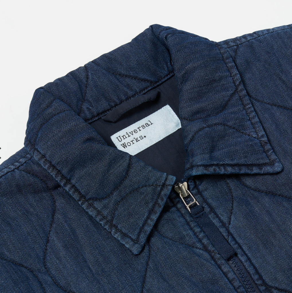 Navy jacket with a visible brand label on a light gray background