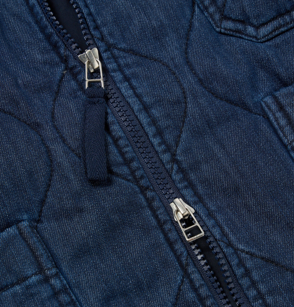 Close-up of a zipper on a blue denim jacket
