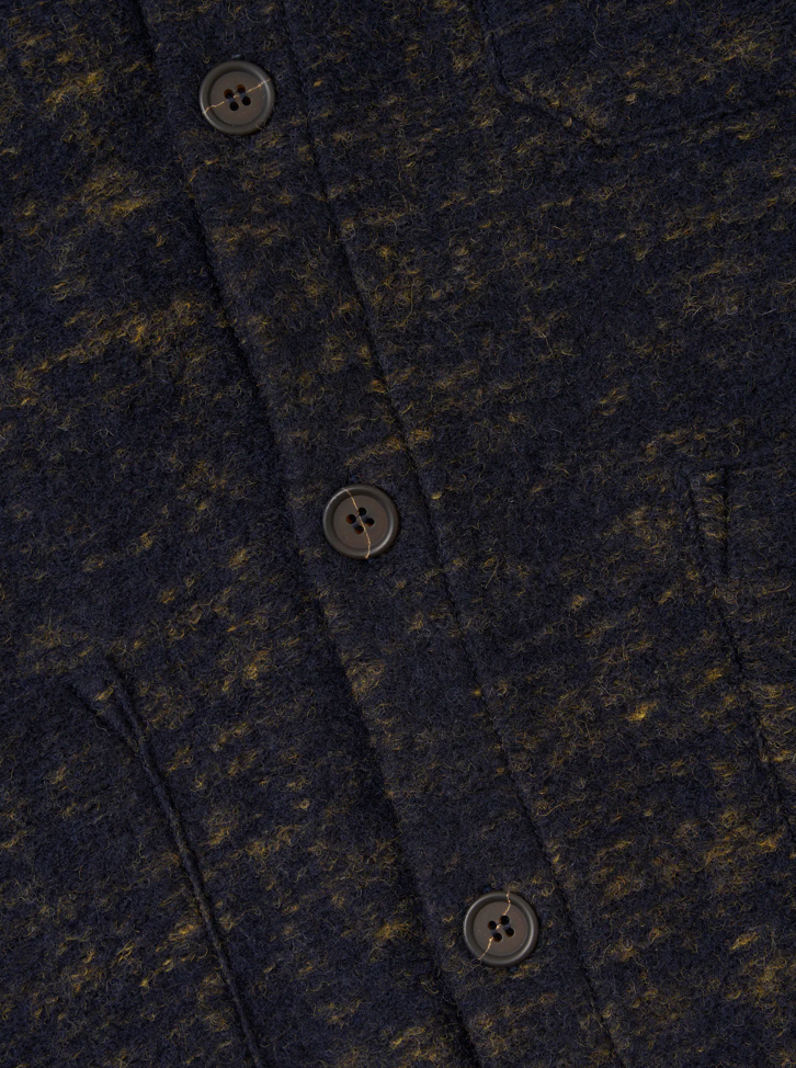 Close up of a navy patterned wool blend cardigan.