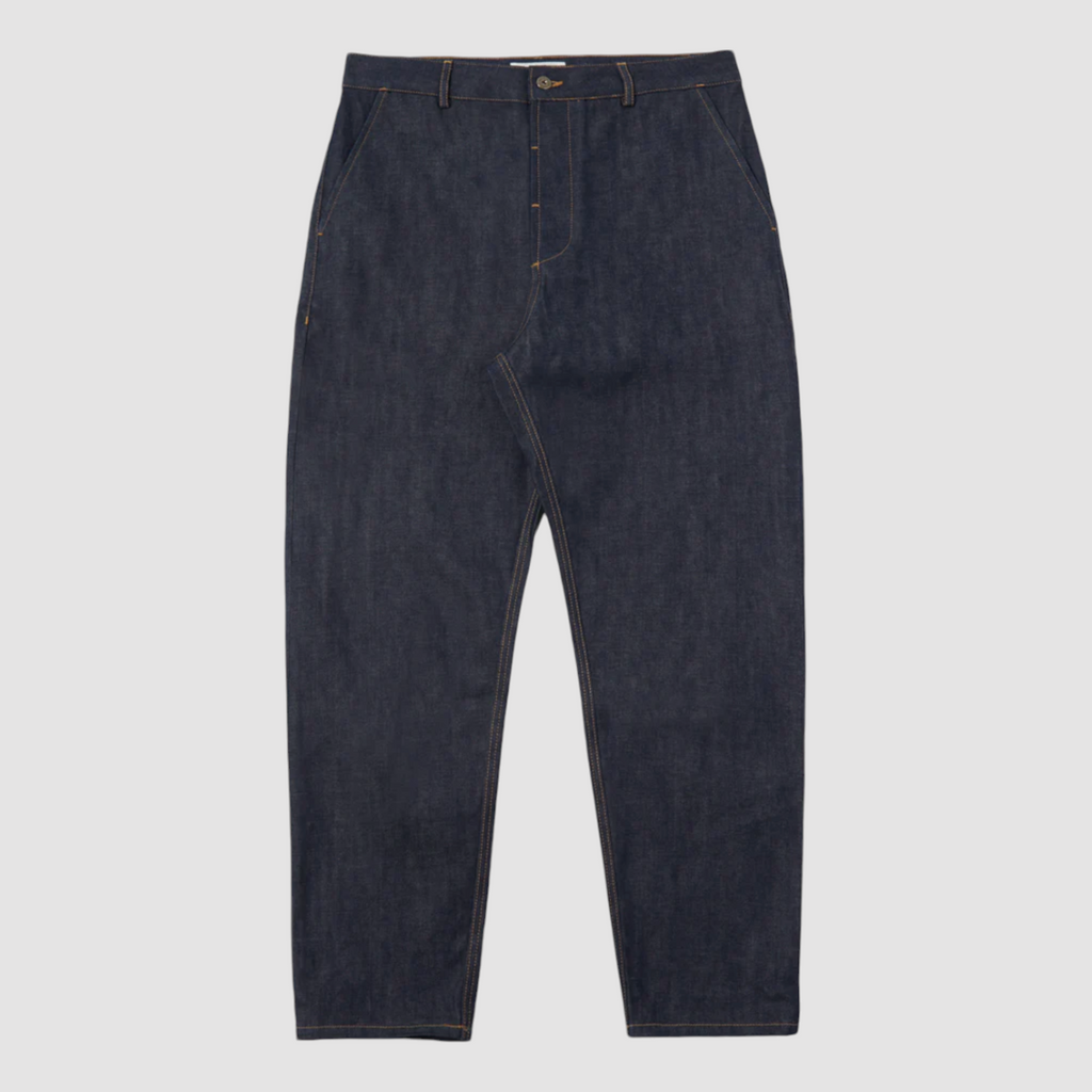 Universal Works Military Chino in indigo 13oz red selvedge denim, vintage-style, made in Portugal.