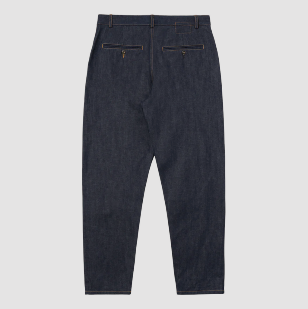 Universal Works Military Chino in indigo 13oz red selvedge denim, vintage-style, made in Portugal.