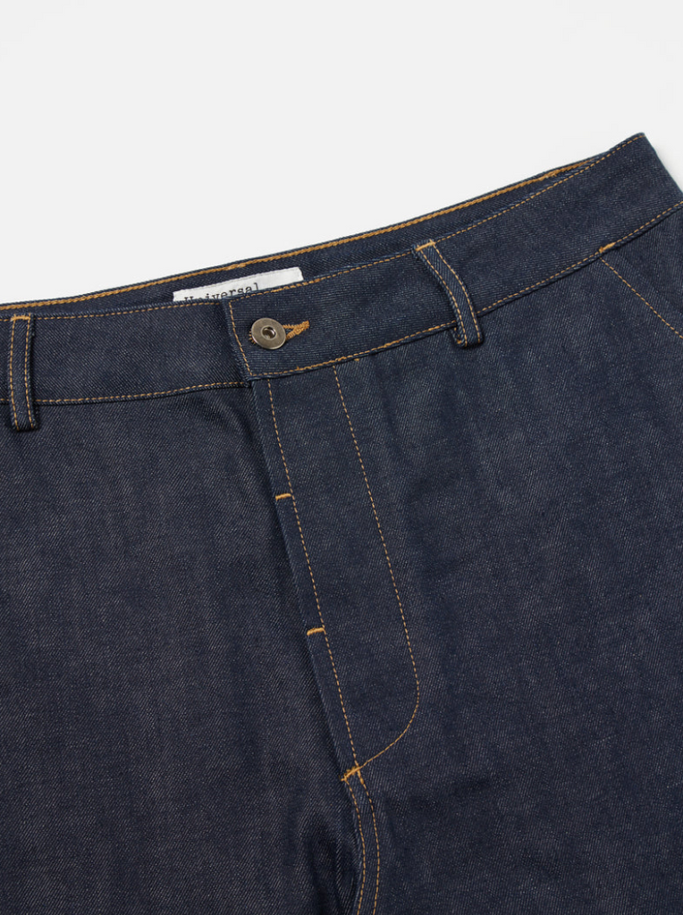 Universal Works Military Chino in indigo 13oz red selvedge denim, vintage-style, made in Portugal.