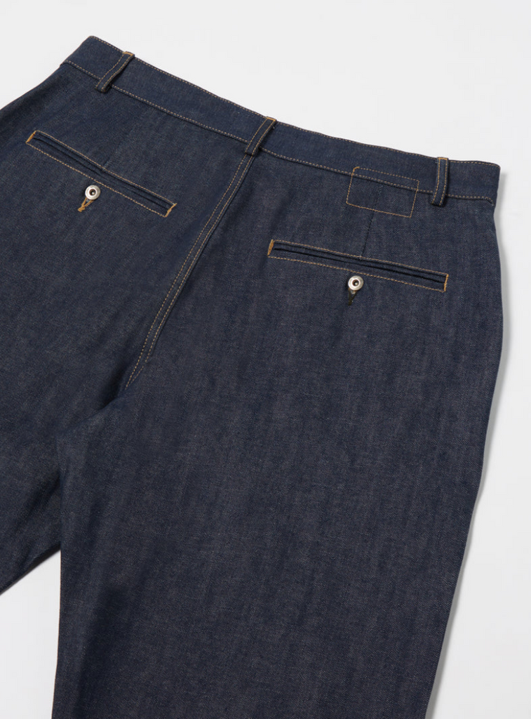 Universal Works Military Chino in indigo 13oz red selvedge denim, vintage-style, made in Portugal.