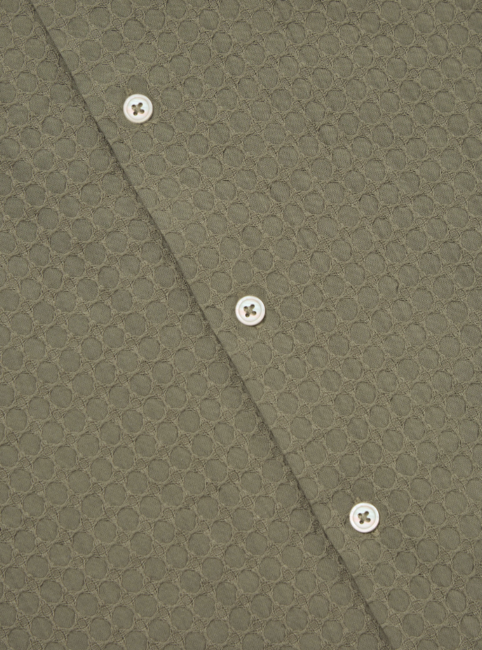 Olive short-sleeve cotton shirt with a regular fit, loop-close collar, straight hem, and a single chest patch pocket.