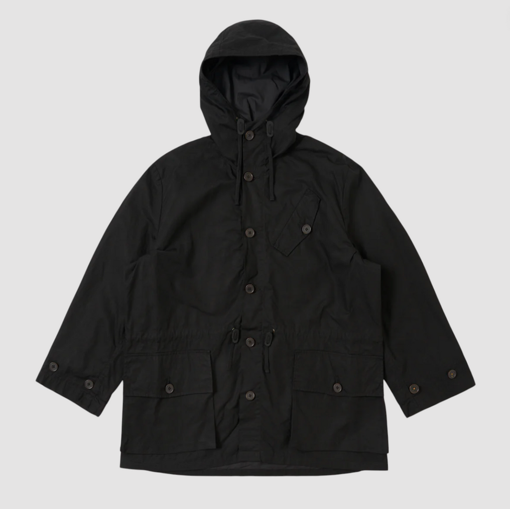 Black hooded jacket on a light gray background.