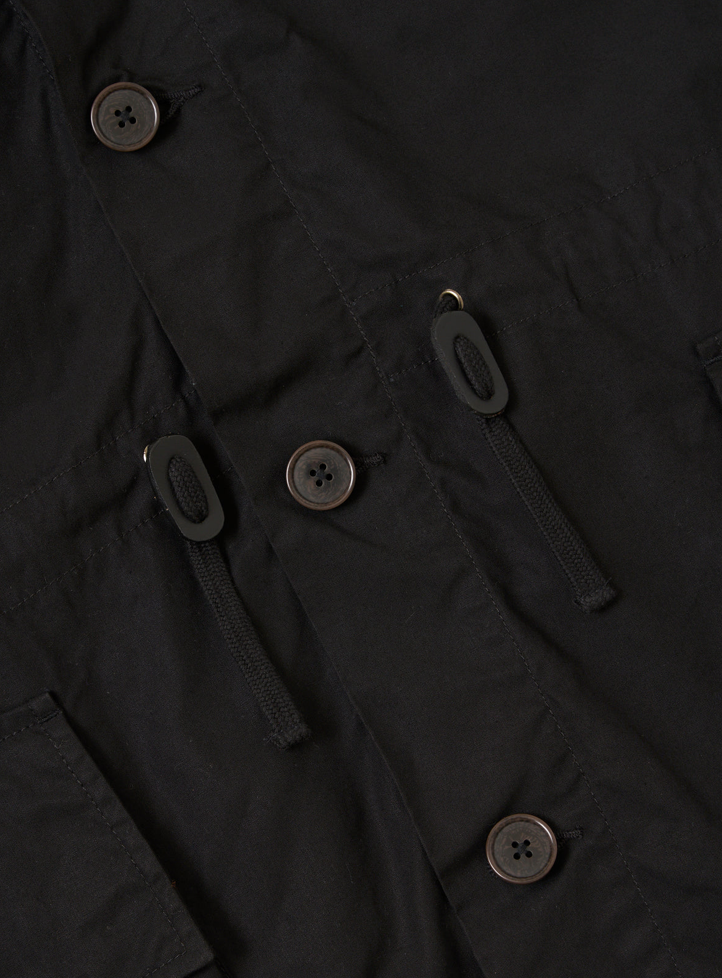 Close up of black wax coat.