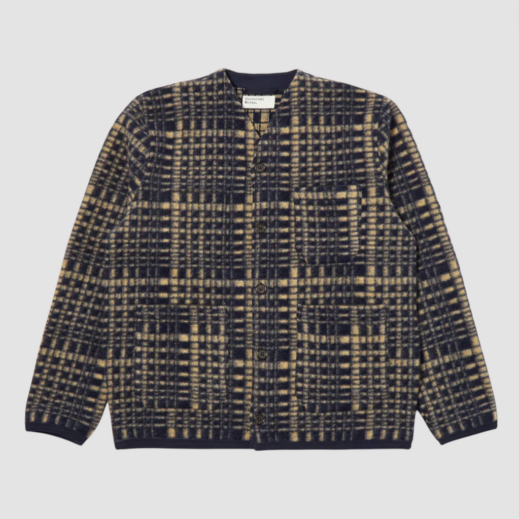 Plaid fleece jacket with navy and beige pattern on a light gray background.