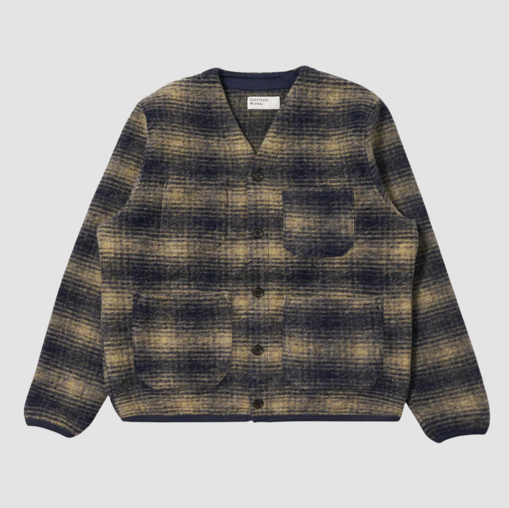 Beige and navy checkered print fleece cardigan on pale grey background. 