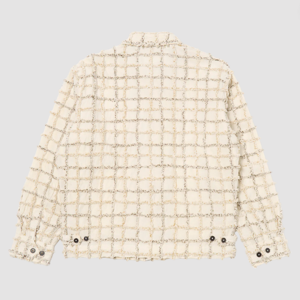 Ecru check cotton jacket with a two-way zip front, chest and hand pockets, and adjustable cuffs and rear waist tabs.