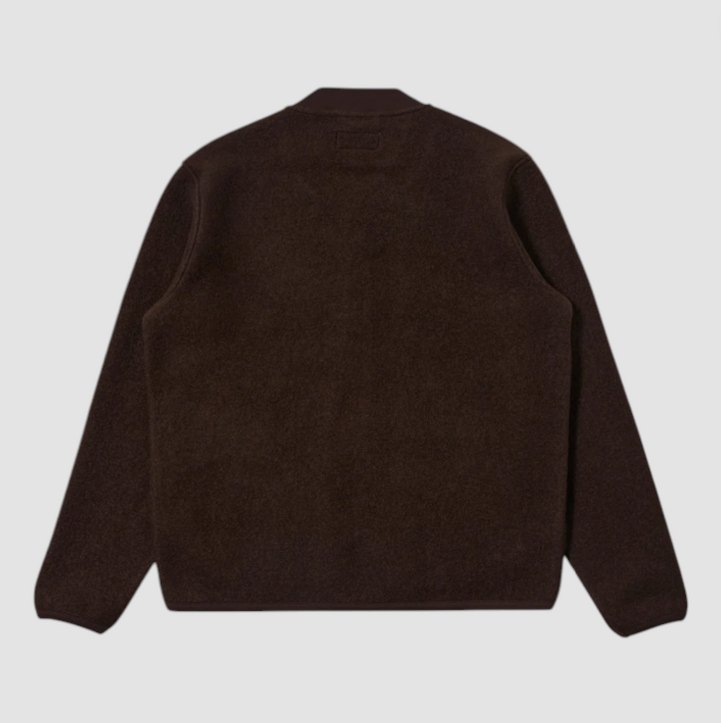 Brown fleece jacket on a light gray background.
