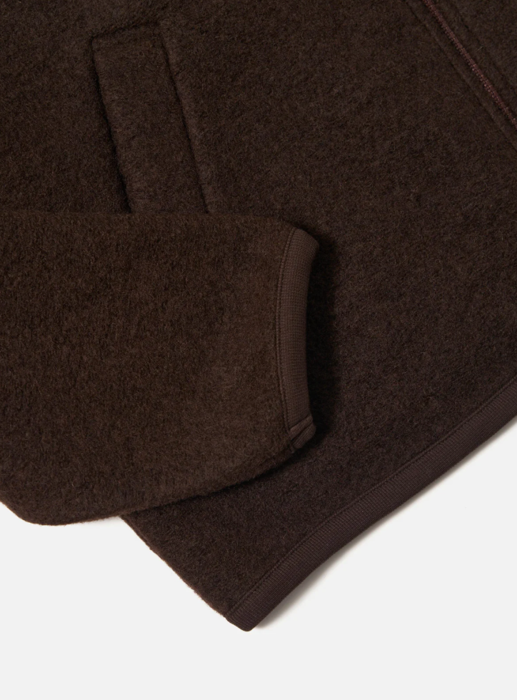 Brown fleece jacket on a white background.