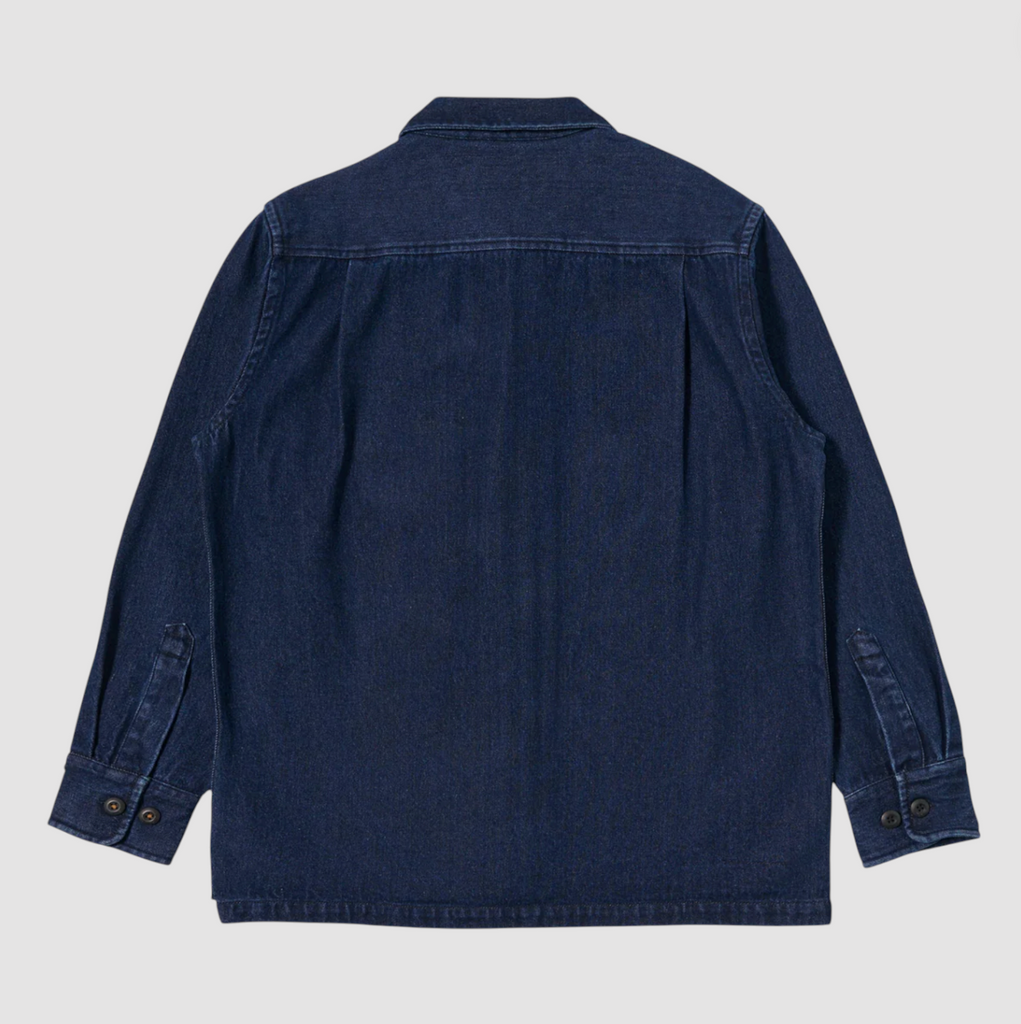 Back view of a dark blue denim jacket on a light gray background.