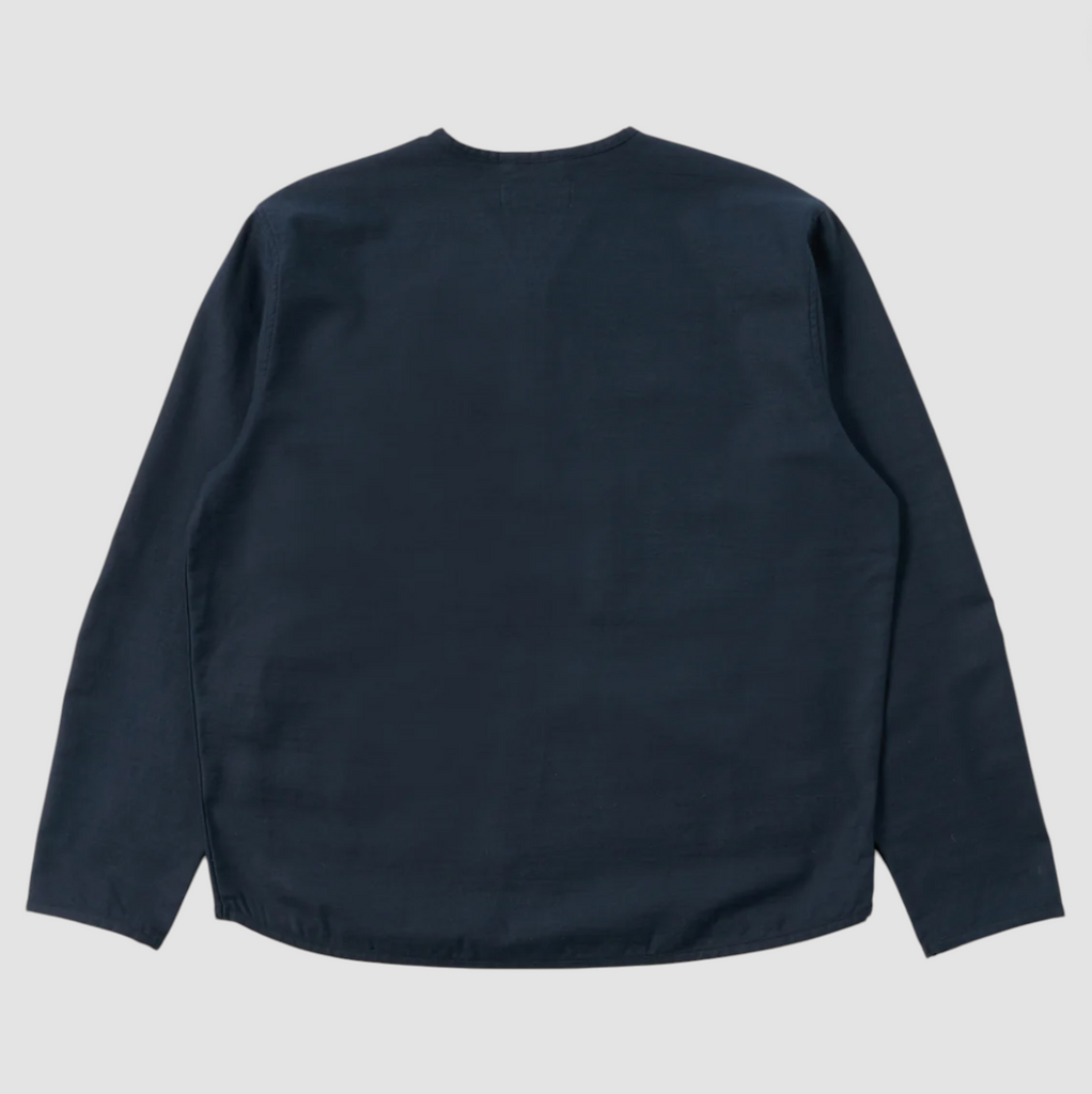 Navy slub sateen jacket with a loose fit, two-way zip, chest and lower patch pockets, and cotton binding trim.