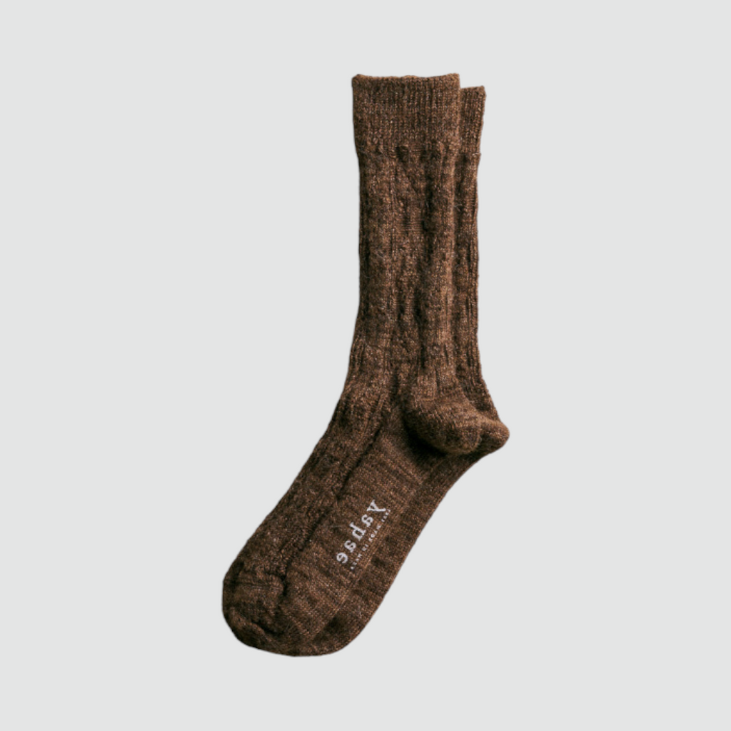 Yahae Alpaca Cable Pattern Socks in Brown - Retro-inspired socks crafted from 100% alpaca yarn with a stylish cable pattern
