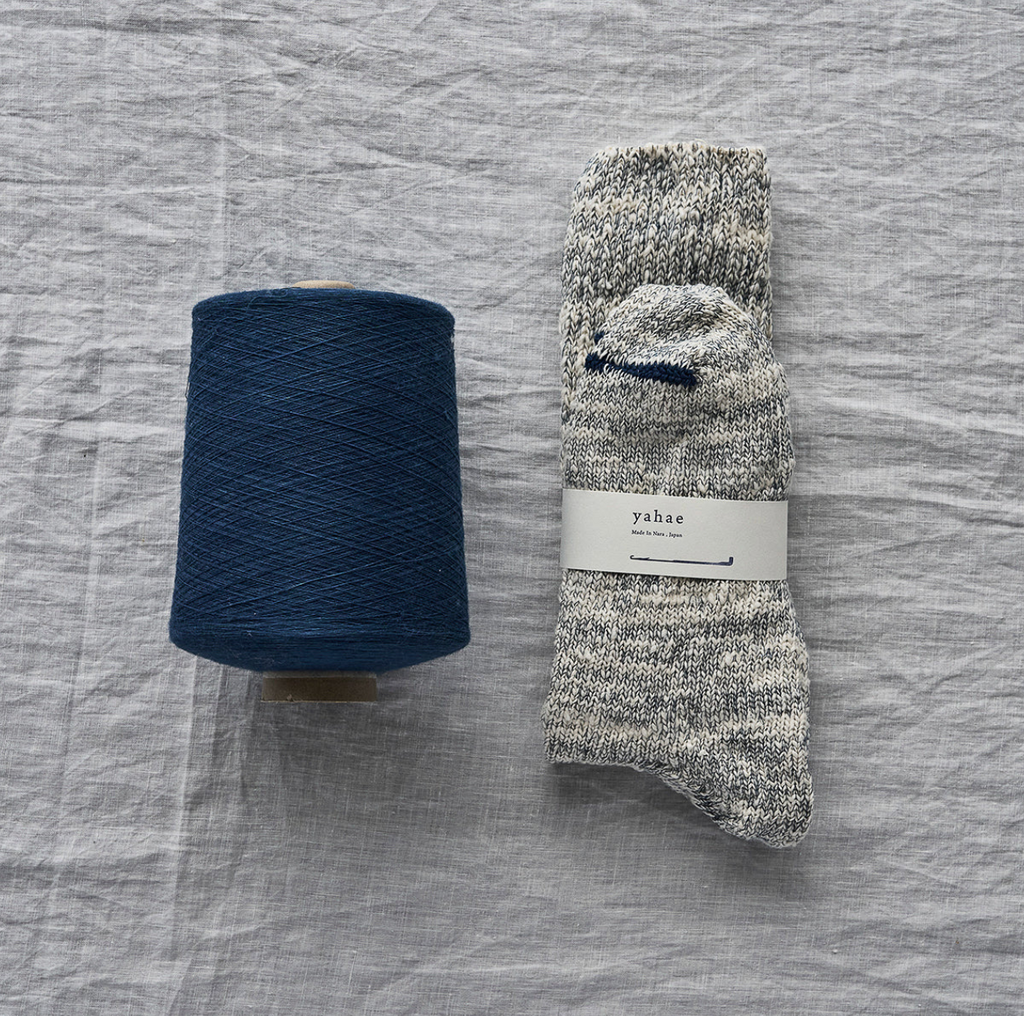 Yahae Garabou Organic Cotton Socks in Indigo - Hand-spun with Japanese indigo dyeing & Garabou spinning, offering natural deodorizing & antibacterial properties for ultimate comfort.