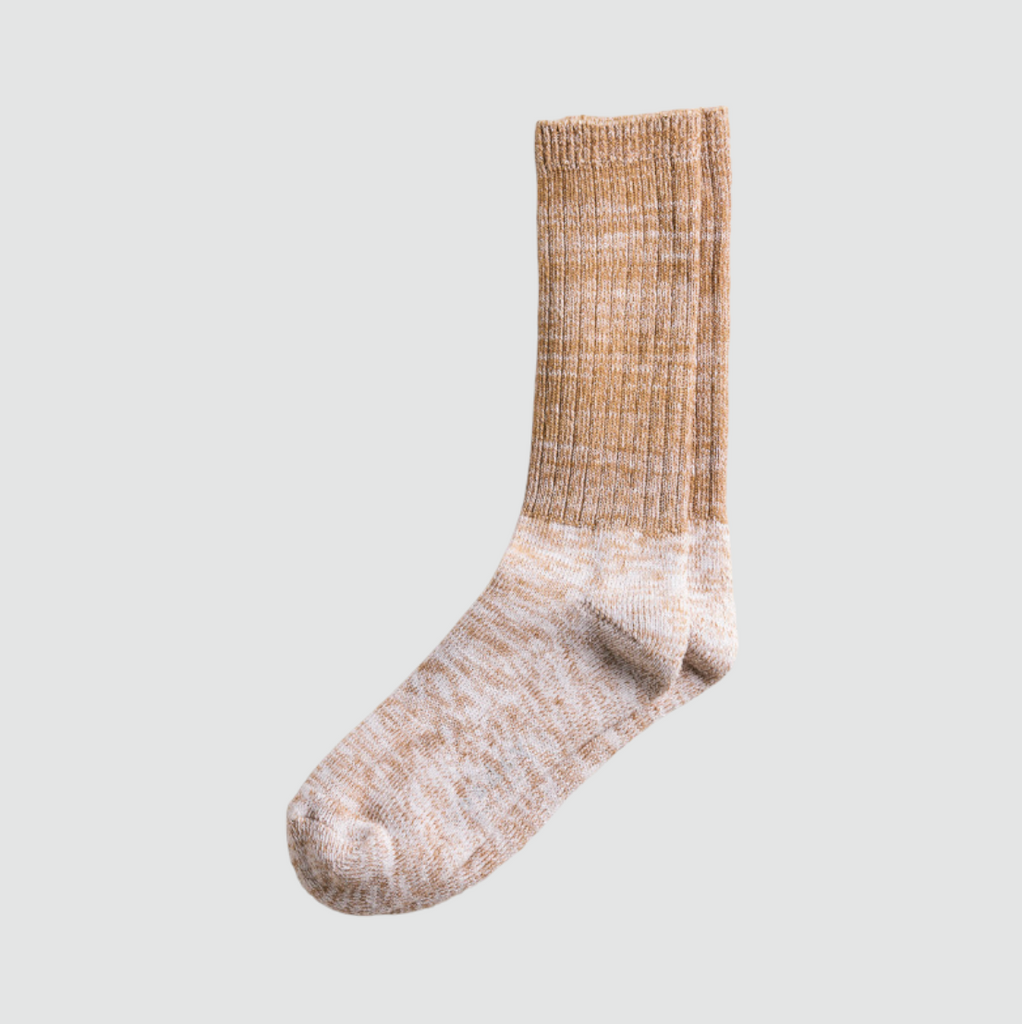 Yahae Organic Cotton Pile Socks in Brown - Comfortable ribbed socks with pile soles, inspired by military design for daily wear.