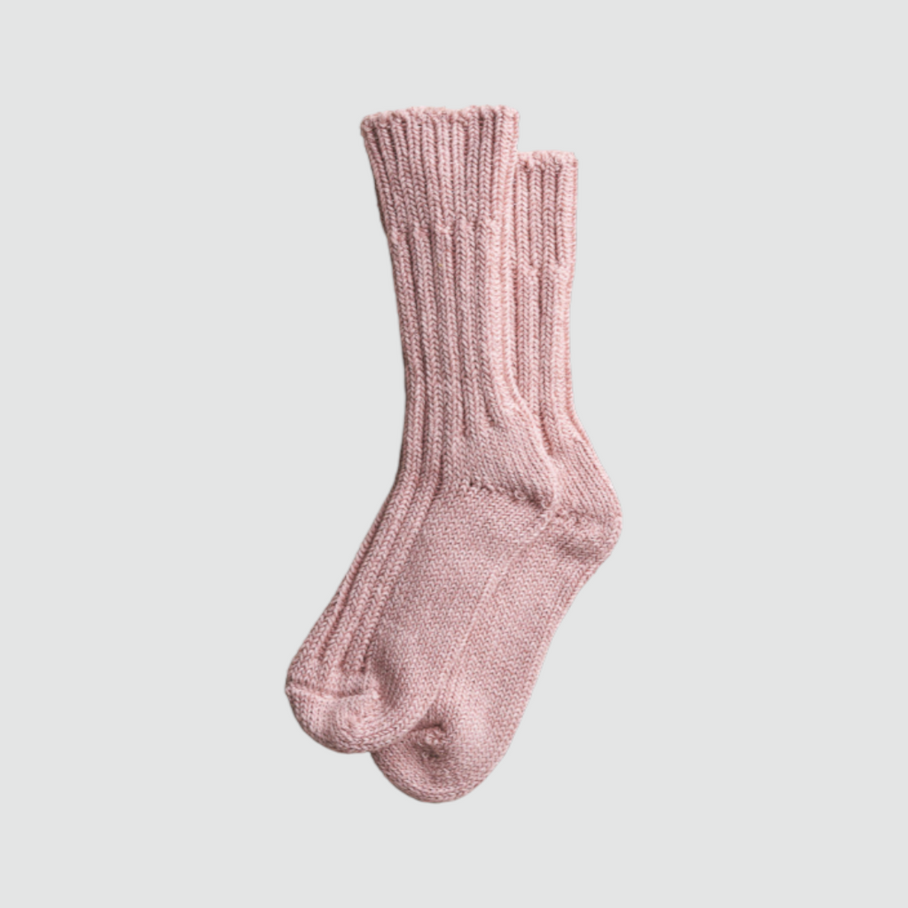 Yahae Organic Cotton Row Gauge Socks in Pink - Classic low-gauge socks with a hand-knit feel, crafted from premium cotton on a vintage machine from Bentley, England.